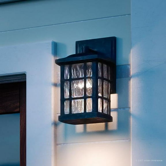 Urban Ambiance Luxury Craftsman Outdoor Wall Light, Small Size: 10.5"H x 6.5"W, with Tudor Style Elements, Highly-Detailed Design, High-End Black Silk Finish and Water Glass, UQL1230