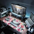 thumbnail image 3 of Large Watercolor Pink Flowers Gaming Mouse Pad - Green Leaves Desk Mat, Non-Slip Rubber Base, Extended Long Computer Keyboard Mat for Home Office, 35.4"x15.7", 3 of 6