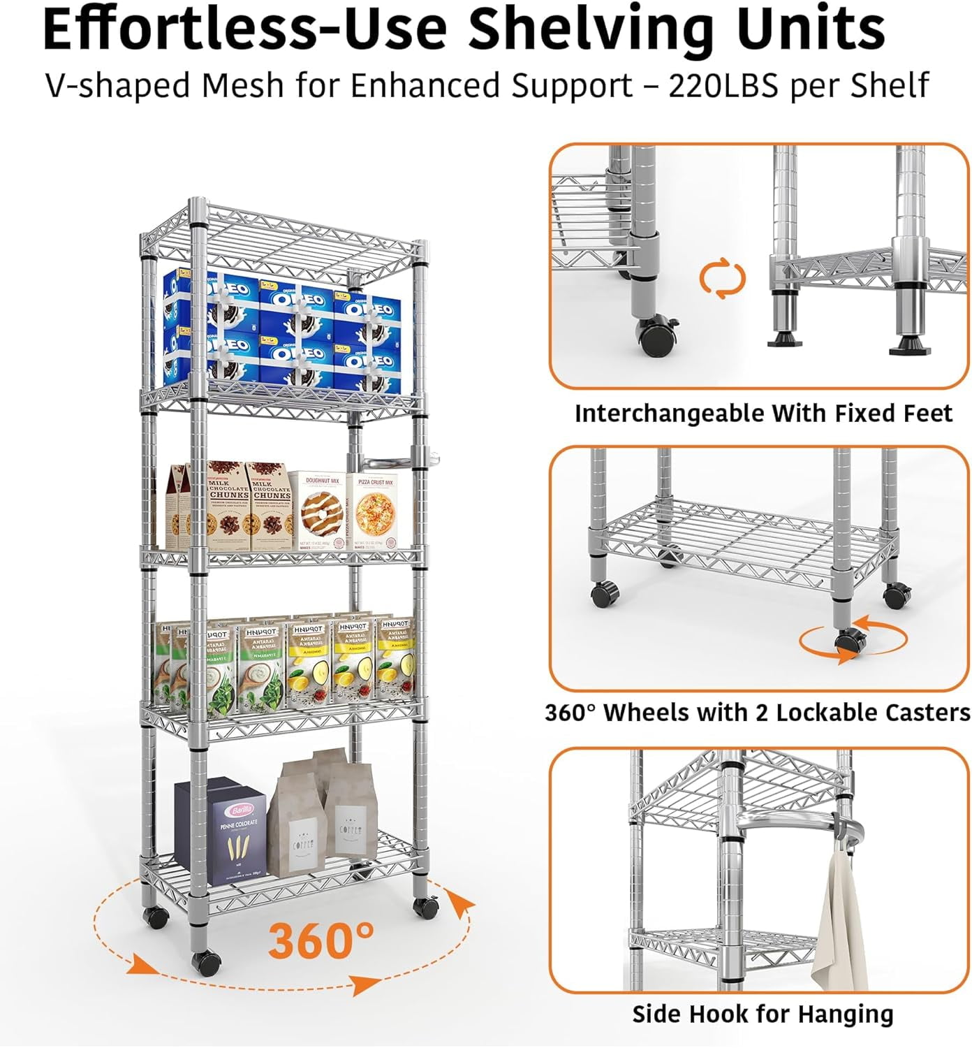 Garvee 5 Tier Metal Storage Shelves, with Lockable Wheels, 23.6 x 11.81 x 61.8 inch, Silver