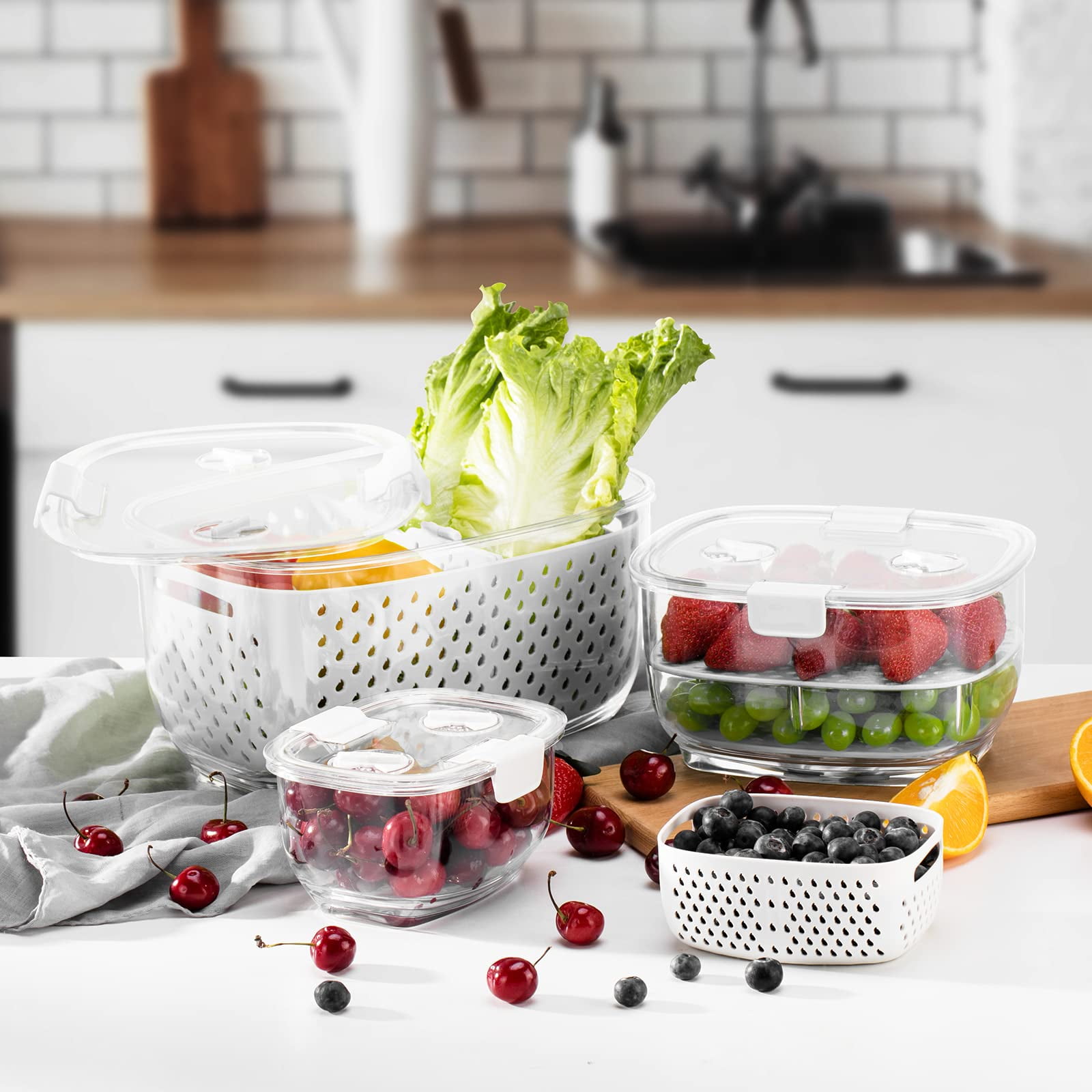 USIONE 3-Piece Fresh Produce Storage Containers - Partitioned Fridge Organizers for Fruits & Vegetables, White