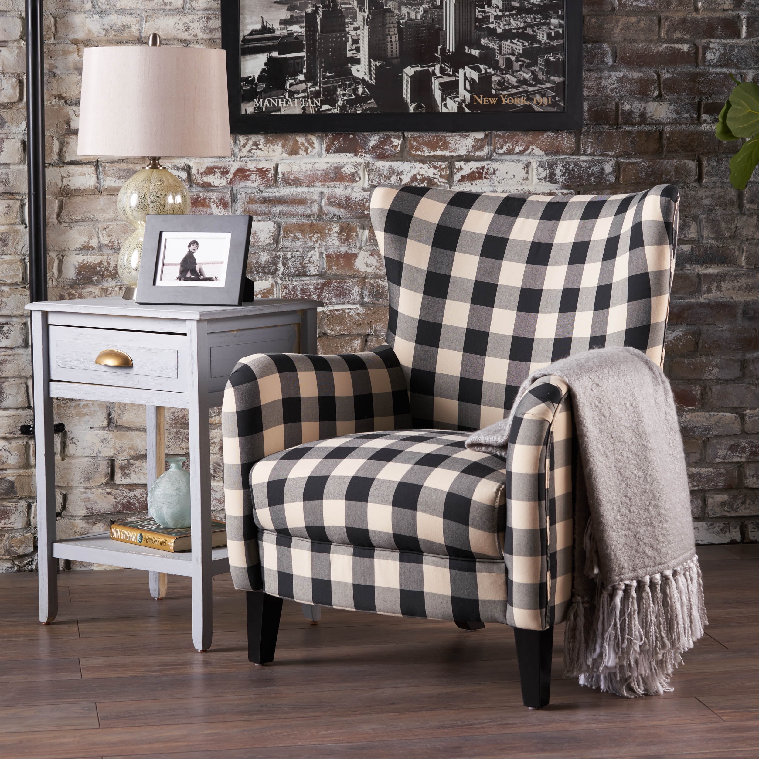 Noble House Plaid Fabric Club Accent Chair, Black, White
