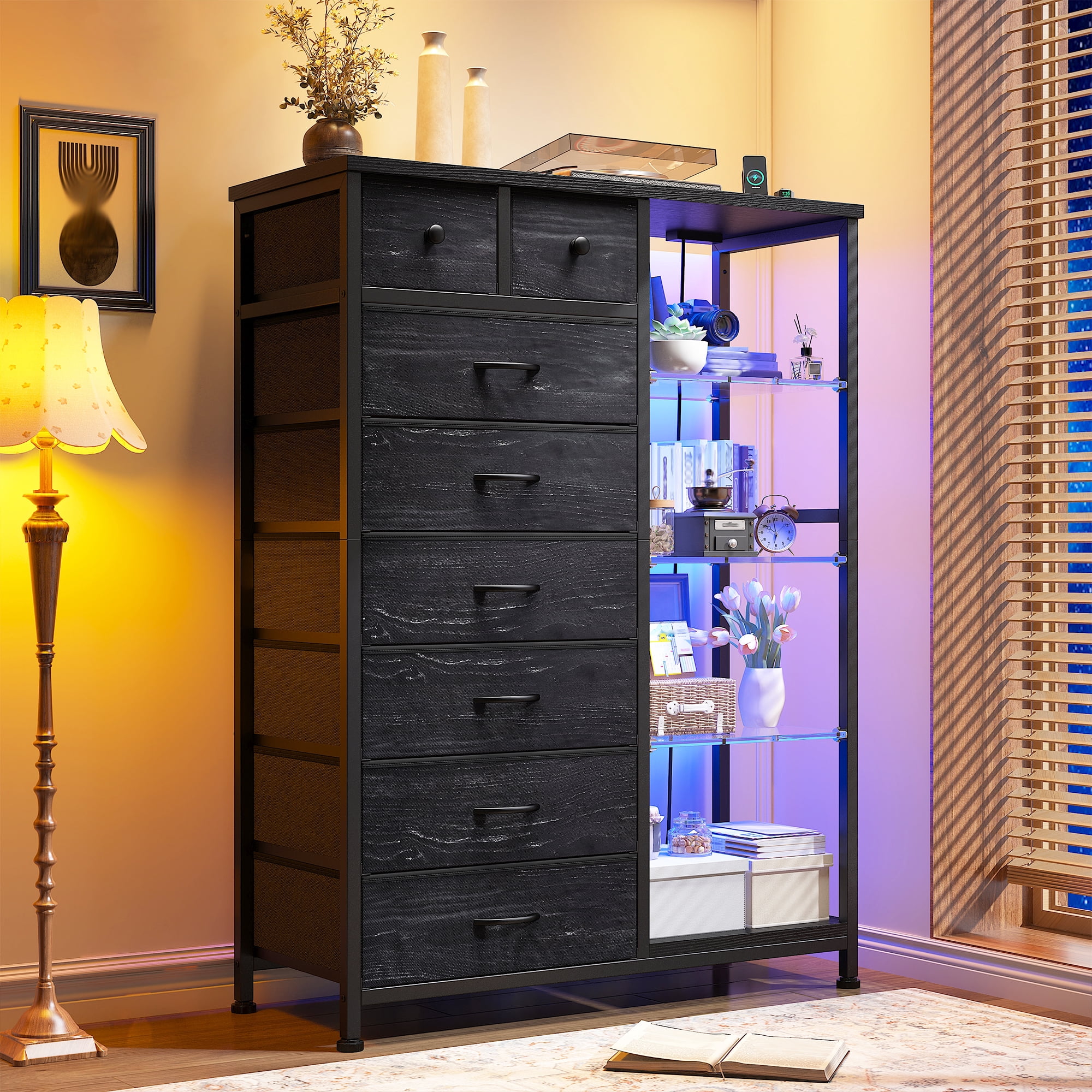 EnHomee Black Dresser for Bedroom with Acrylic Open Shelves & Charging Station Tall Dresser with 8 Fabric Drawers & LED Lights