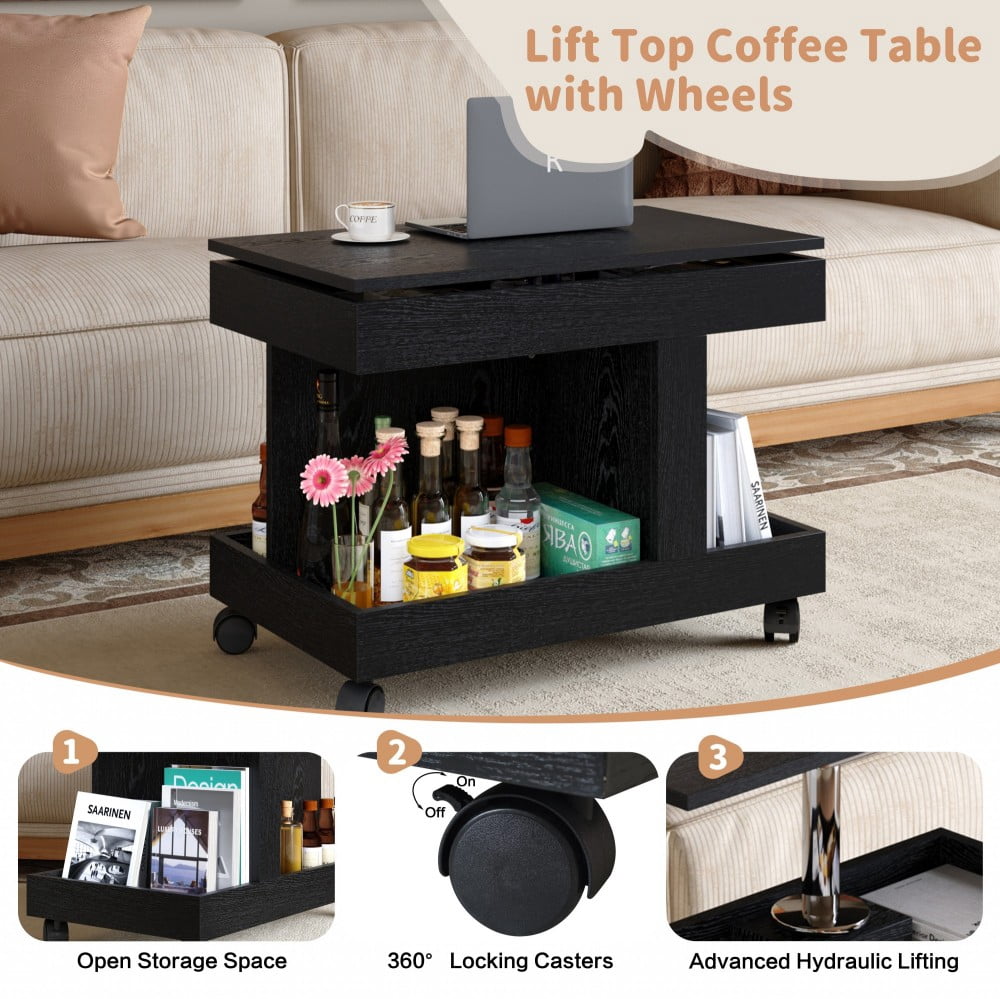 Small Coffee Table with Wheels, 360° Rotating Lift-Top Desktop, Rolling End Table with Storage Shelf, Mobile Bedside Table for Living Room & Bedroom, Black