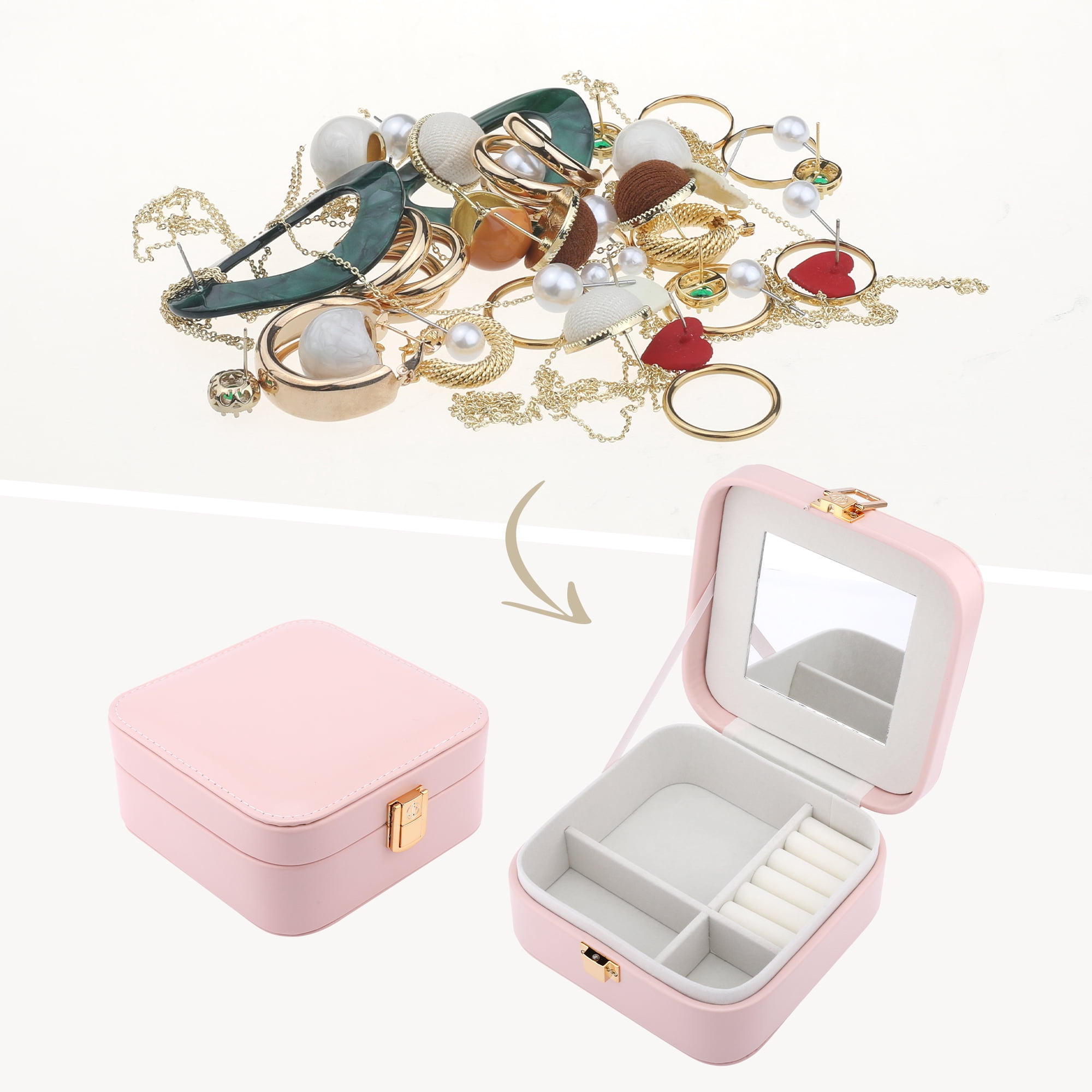 Unique Bargains PU Leather Jewelry Box Jewelry Organizer with Mirror Pink