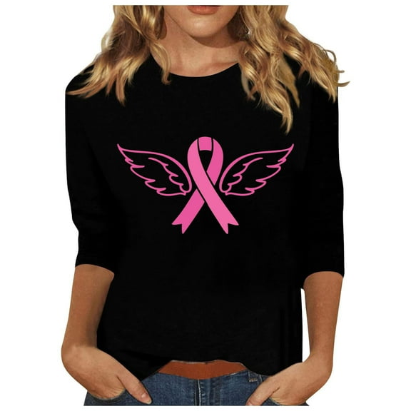 IROINNID Breast Cancer Pullover for Women Breast Cancer Awareness Casual Printed Loose T-shirt 3/4 Sleeves Blouse Round Neck Tops,Black