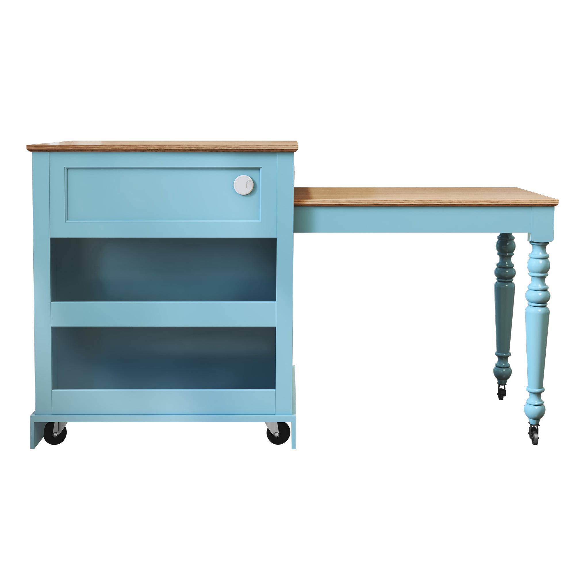 HLR 78.74" Mid-Century Extendable Kitchen Islands on Wheels with Roman column legs, Dining Table Cart with Storage, Blue