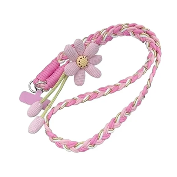 Woven Flower Phone Lanyard, Anti-Theft Crossbody Phone Strap for Women, Universal Cell Phone Neck Lanyard, Pink, Hands-Free for Travel