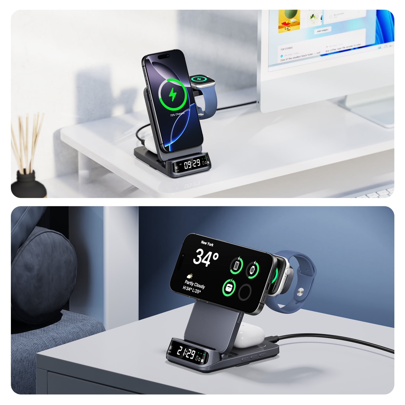 SwanScout 708M Wireless Charger for Apple, Mag-Safe Charger Station for iPhone 16/15/14/13/12, Apple Watch Ultra 2/10/9/8/7, AirPods Pro/4/3 (No Adapter)