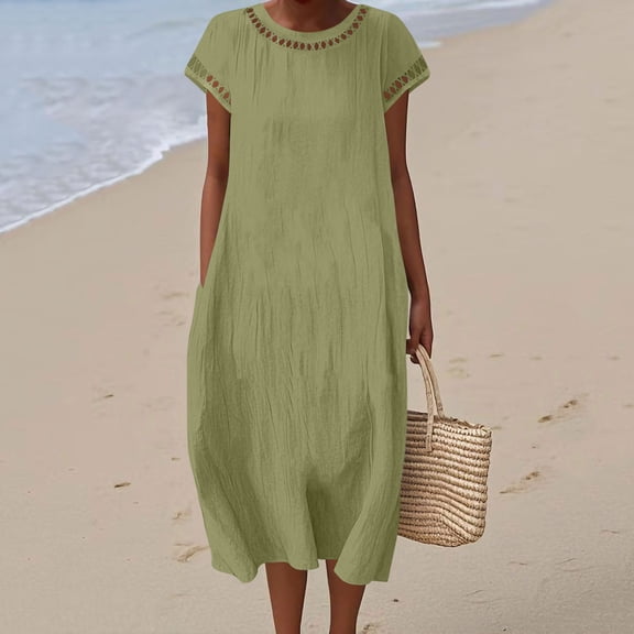 Yotami Womens Dresses Summer Solid Color Round Neck Breathable Maxi Linen Dress with Pocket Sleeveless Swing Boho Dresses Army Green M