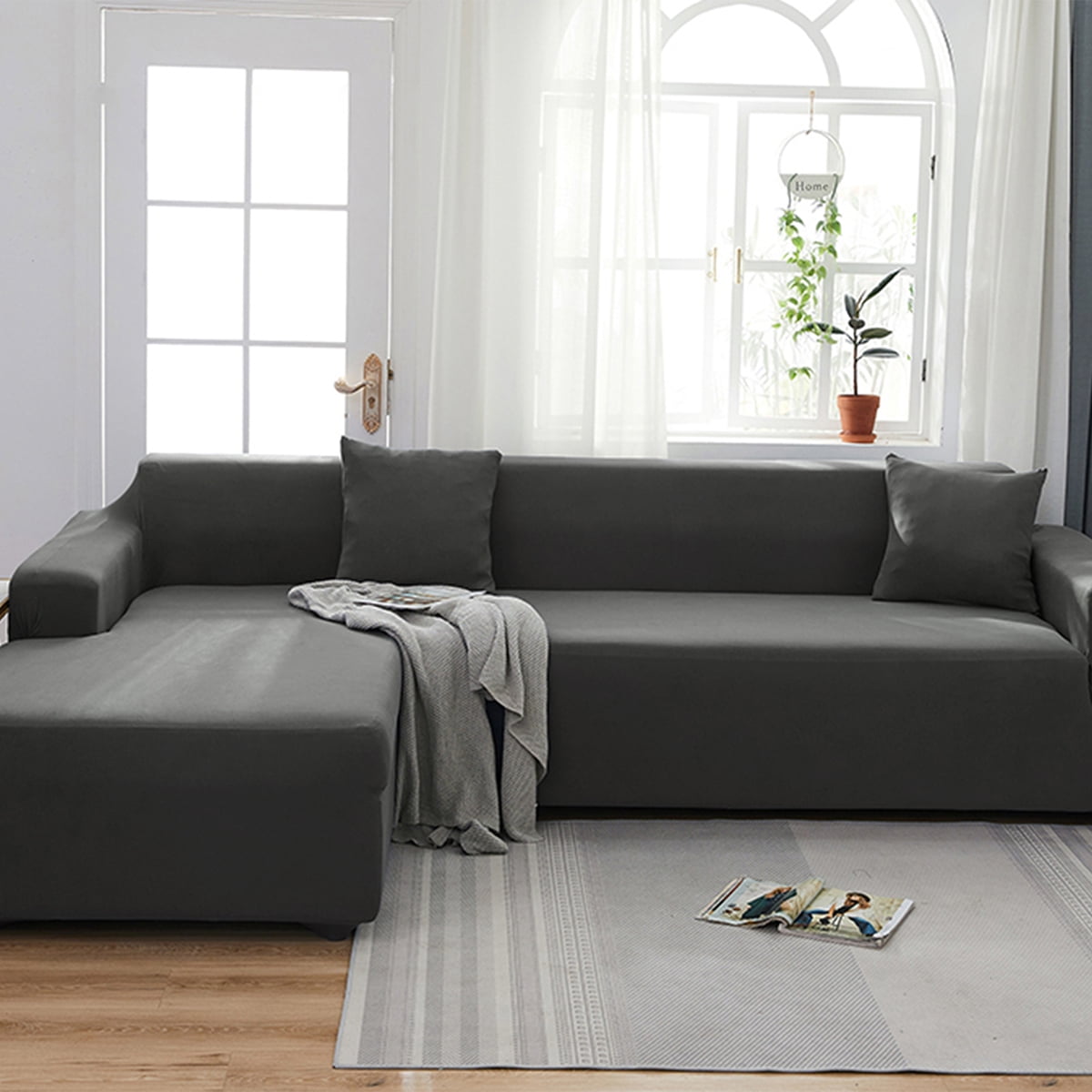 Rosnek LShaped Elastic Sofa Covers Solid Slipcovers for Sofa Living Room Couch Covers Stretch L
