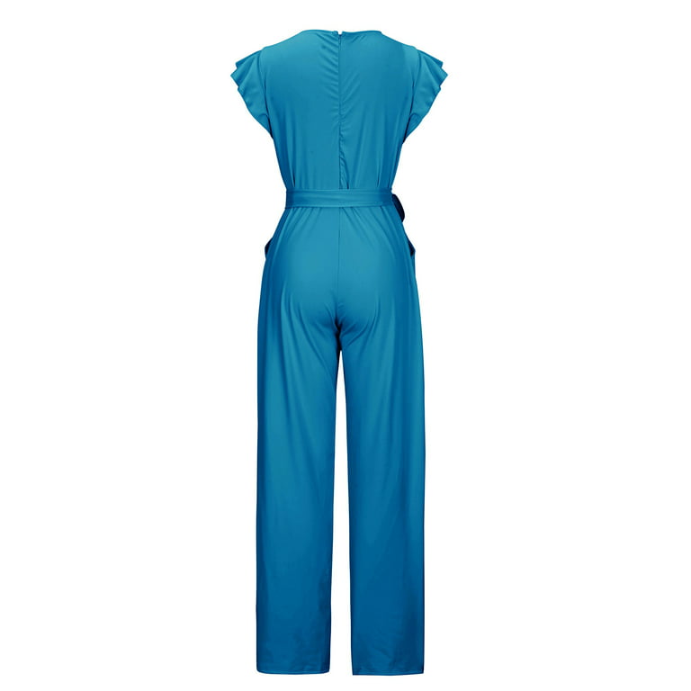 Xysaqa Pants Suit for Women Dressy Elegant, Womens Elegant Ruffle Sleeve  Jumpsuits High Waist Belted Wide Leg Long Pants Rompers for Cocktail Party