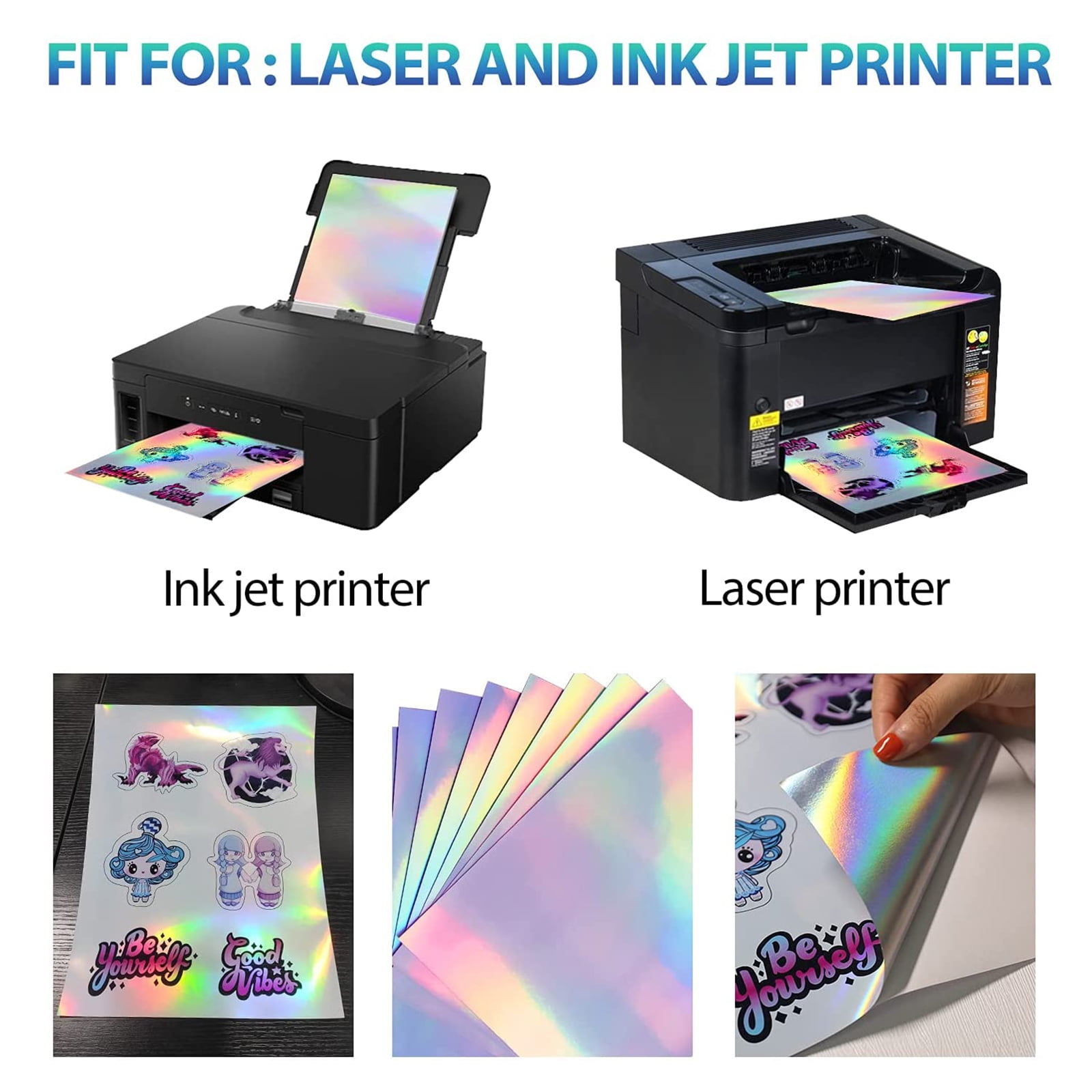 50 Sheets Holographic Sticker Paper 8.5 x11 inch for Inkjet US letter size Holographic Printable Vinyl Rainbow Sticker Printer Paper Adhesive Waterproof Vinyl 