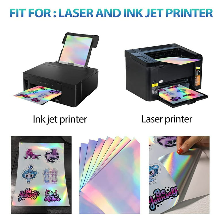QiXin 22 Sheets Holographic Sticker Paper 8.5 x11 inch for Inkjet Printer &  Laser Printer US letter size Holographic Printable Vinyl Rainbow Sticker