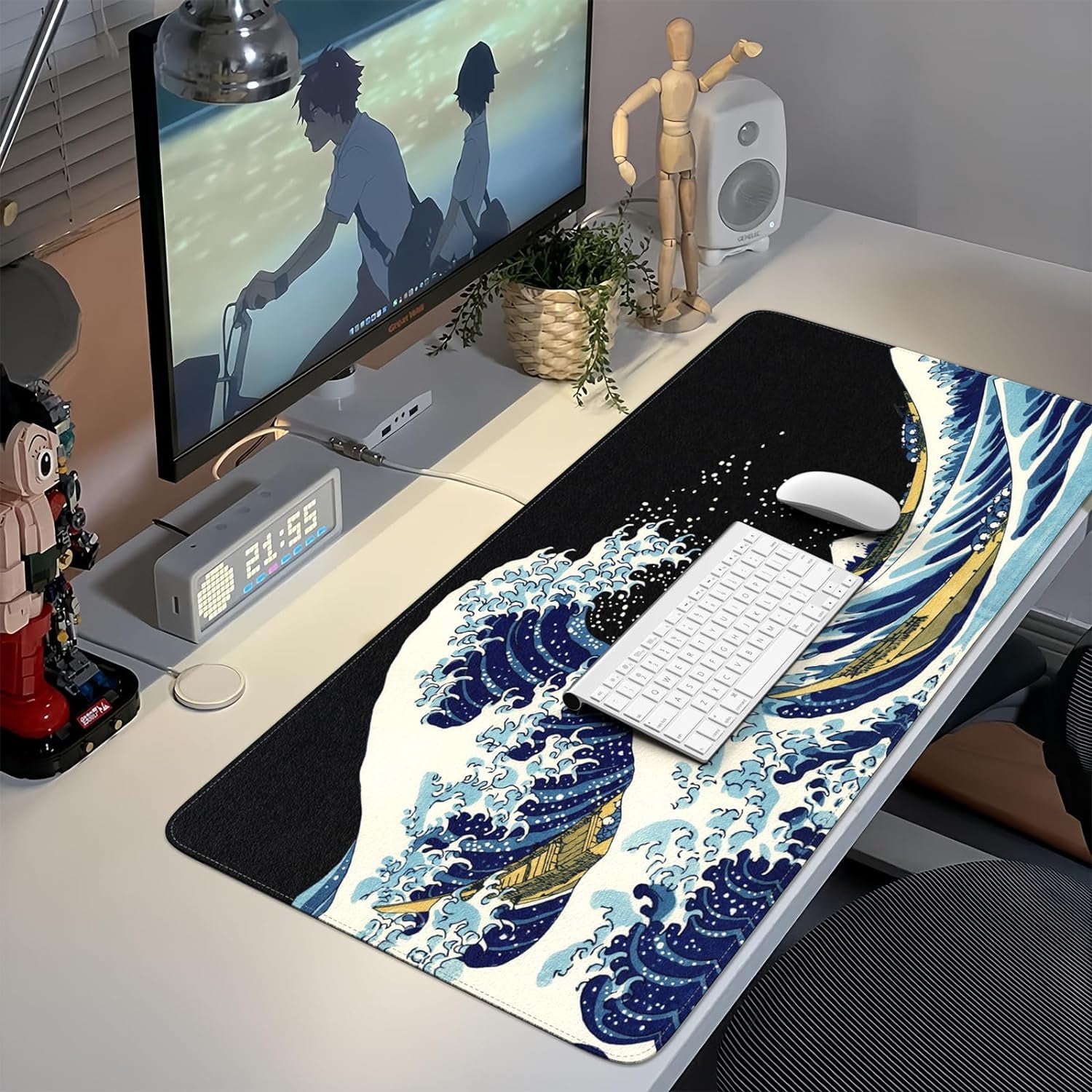 Felt Desk Mat, XXL Large Mouse Pad Desk Pad, Gaming Mousepad, Non-Slip Base, No Any Smell Desk Protector Cover Mat for Computer Keyboard Work Game Office Home-Color Wave of Kanagawa