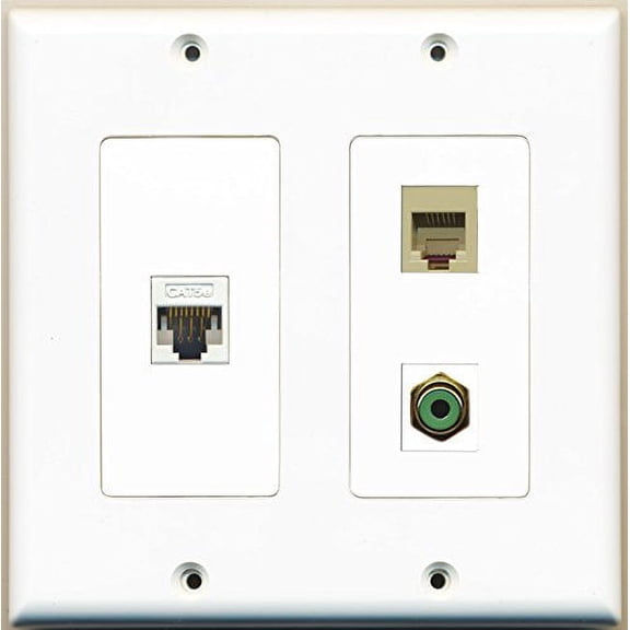 RiteAV - 1 Port RCA Green 1 Port Phone RJ11 RJ12 Beige 1 Port Cat5e Ethernet White - 2 Gang Wall Plate