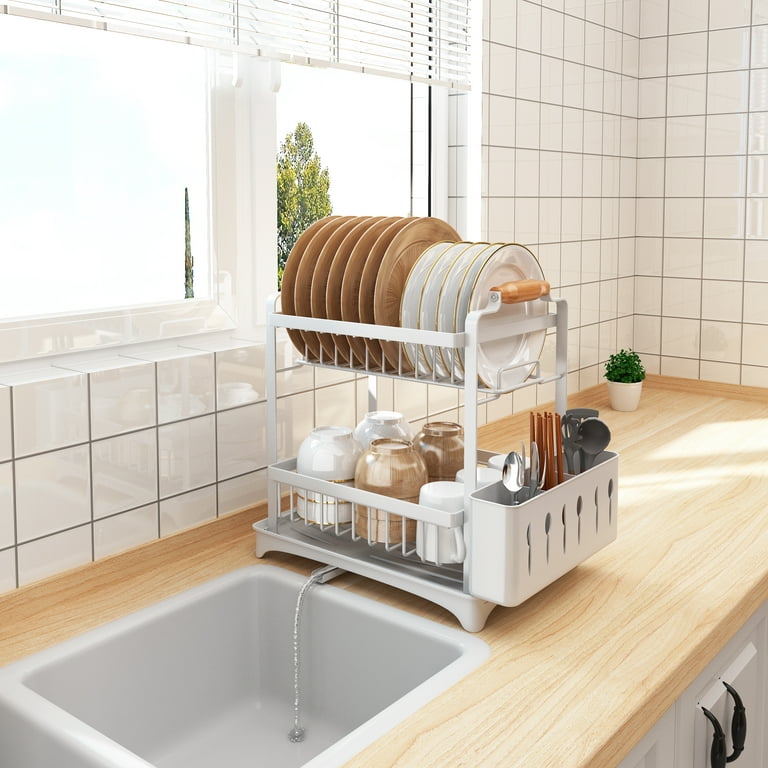 Werseon Dish Drying Rack, 2 Layer Foldable Dish Holder & Drain Board Set  for Kitchen Counter 