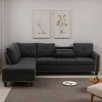 L-Shaped Linen Sectional Sofa with Left Chaise, Modular Tufted Couch Nail-Head Lounge Sofa for Living Room, Black