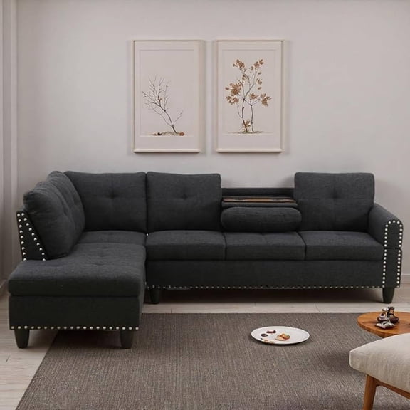 L-Shaped Linen Sectional Sofa with Left Chaise, Modular Tufted Couch Nail-Head Lounge Sofa for Living Room, Black
