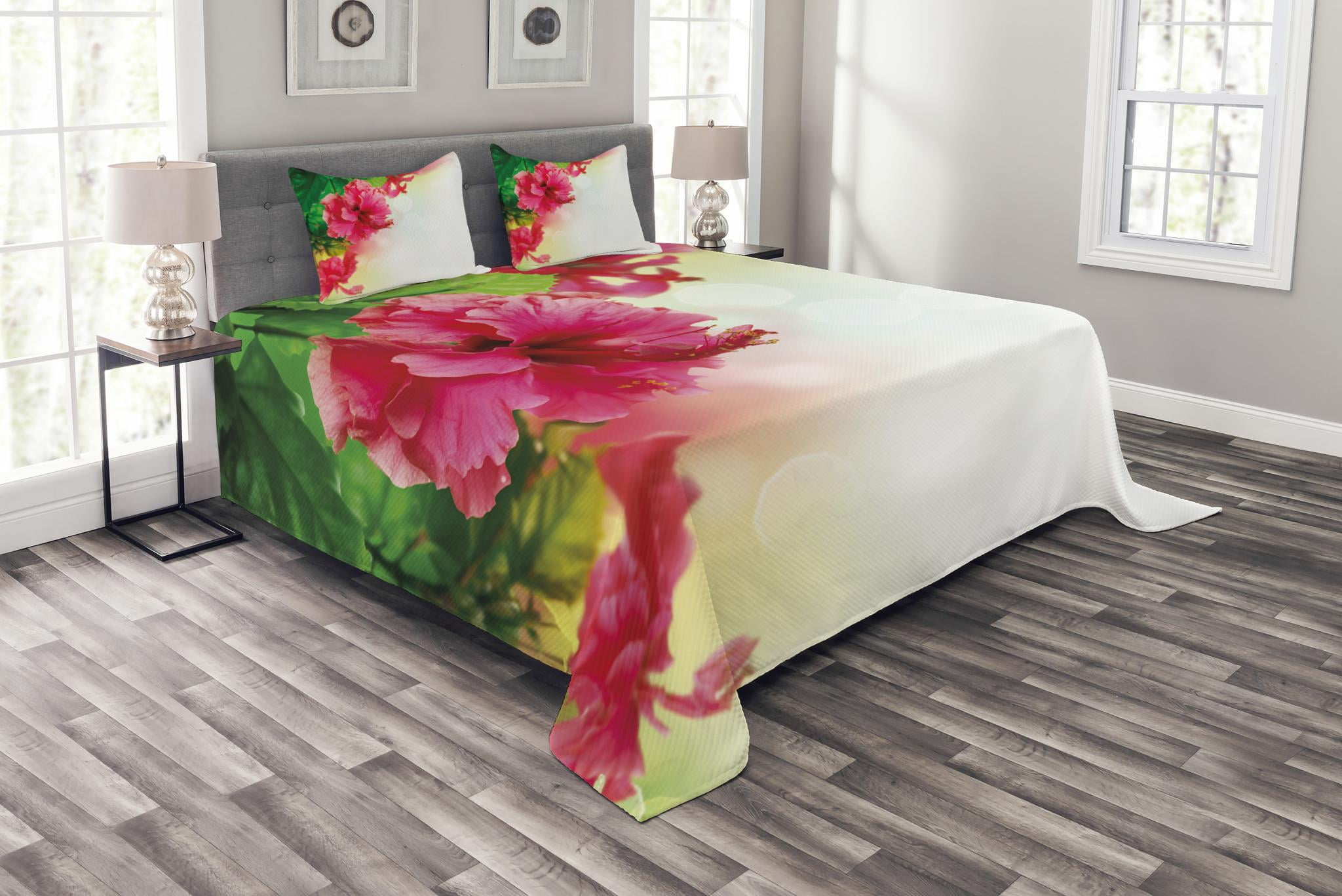 Floral Bedspread Set Queen Size, Hibiscus Flower Florets Buds Leaf