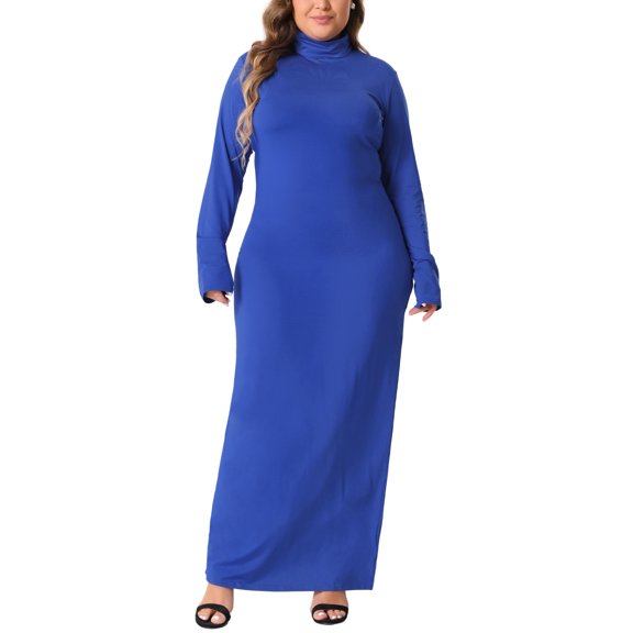 Agnes Orinda Women's Plus Size Basic Maxi Dresses Turtleneck Long Sleeve Bodycon Party Long Pencil Dress 1X Royal Blue
