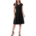 thumbnail image 1 of Allegra K Robes de Cocktail pour Femmes Ceinturées Col en V Manches Courtes Fluide Robe Ligne A m Noir, 1 of 6