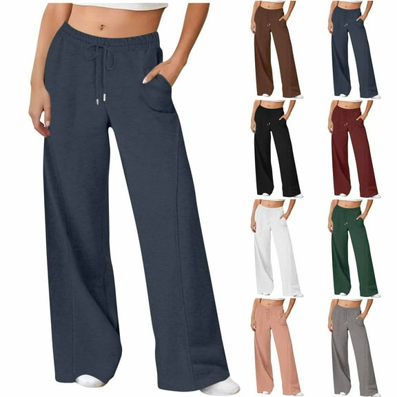 Sweatpants for Women Solid Color Casual Straight Leg Wide Pants Elastic Waist Pants Drawstring Pocket Long Pants