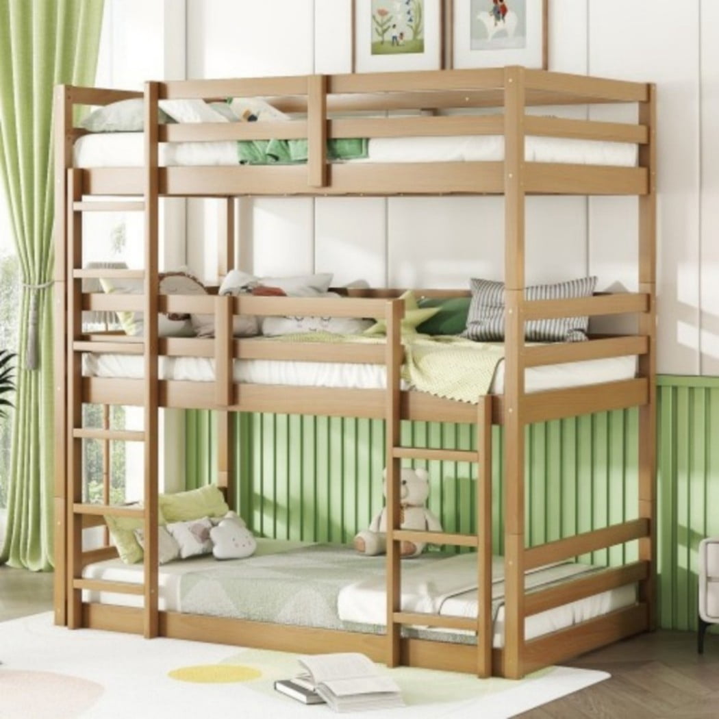 Triple Twin Bunk Bed, Rubber Wood Twin Over Twin Over Twin Bunk Bed with 2 Built-In Ladders & Guardrails, Detachable 3 Twin Beds, Natural