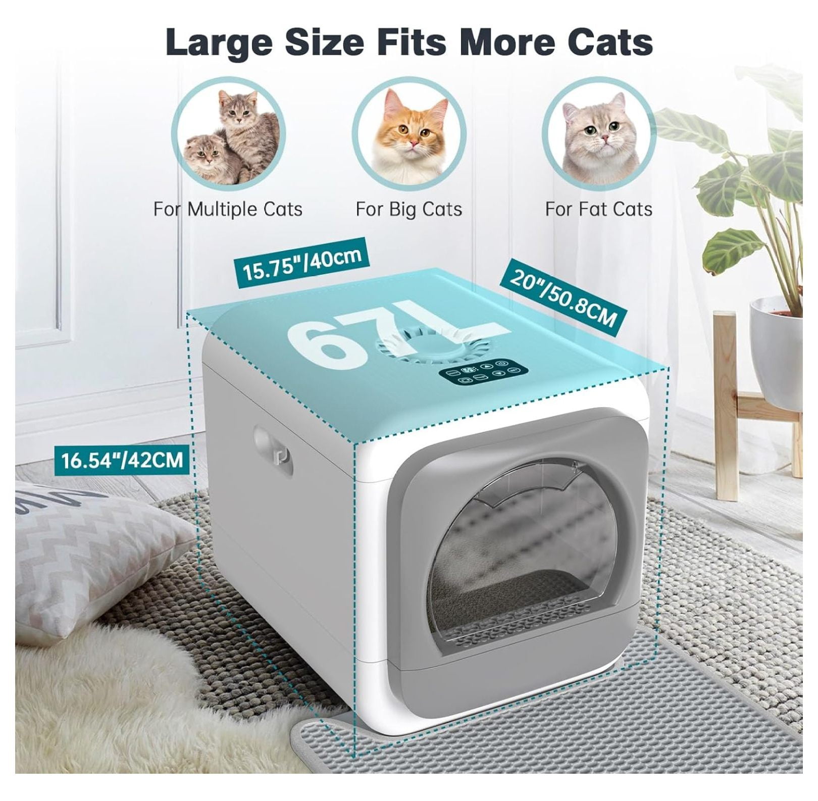Smart Odor Control Cat Litter Box for Big Cats & Multiple Cats, Easy Clean with Infrared Sensor, & Mat, 5V/1A USB