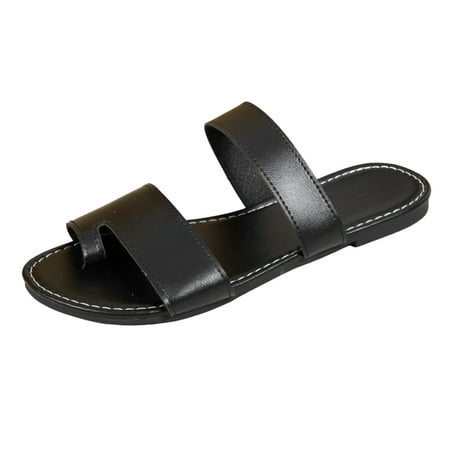 OJSFQUFP Womens Summer Slippers Ladies Fashion Summer Solid Leather Cover Toe Flat Bottom Open Toe Beach Sandals Soft Sole Outdoor Beach Shoes Womens Slipper Black 41