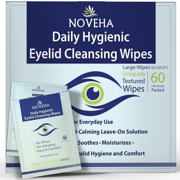 NOVEHA 60PCs Daily Hygienic Eyelid Wipes | for Blepharitis & Itchy Eyes, Demodex | Individually Wrapped Refreshening Eye Wipes, Calming Moisturizer | Lid & Lash Cleanser