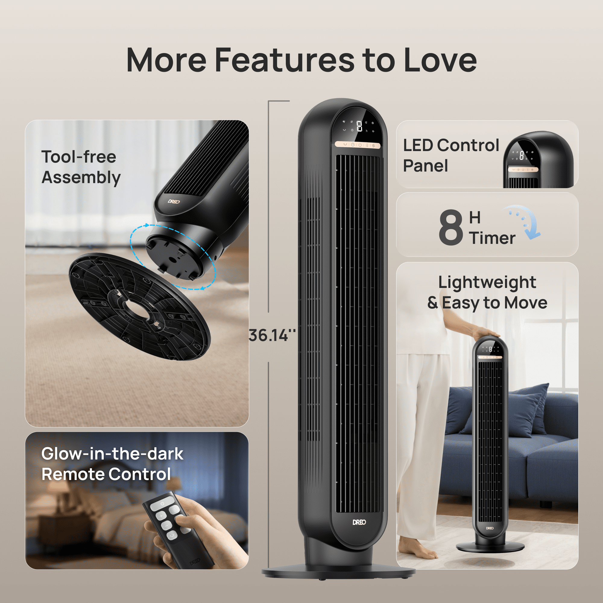 DREO Tower Fans for Home, 36" Standing Floor Fan with Remote, 90° Oscillating Fan, 28 ft/s High Velocity, LED Display, 8 Speeds, 4 Modes, 8H Timer, Quiet Bedroom Fan