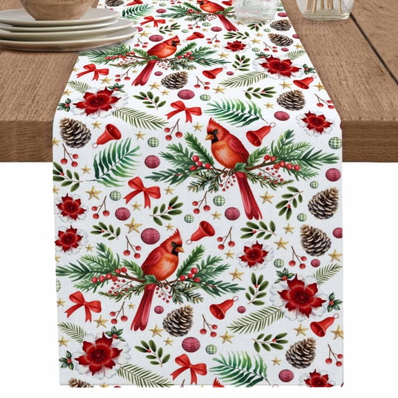 nqOlkjepod Christmas Cardinal Table Runner 72 Inches Long Farmhouse Dress Scarves, Xmas Winter Flower Bow Pine Fruits Dining Tablerunner for Coffee Table/Kitchen Island/Party Décor, 13" x 72"
