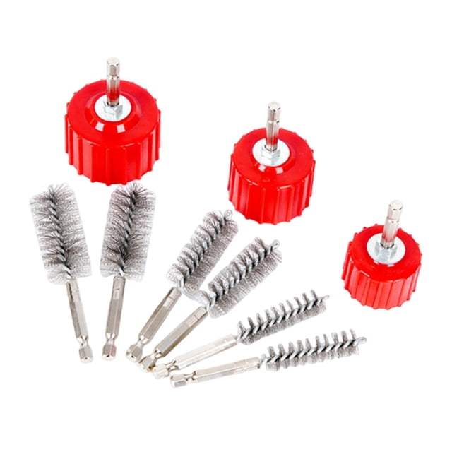Kit de limpieza para limpiador de tuberías de cobre, 3 cepillos rojos y 6 cepillos de alambre, accesorio de vástago hexagonal de pulgada para