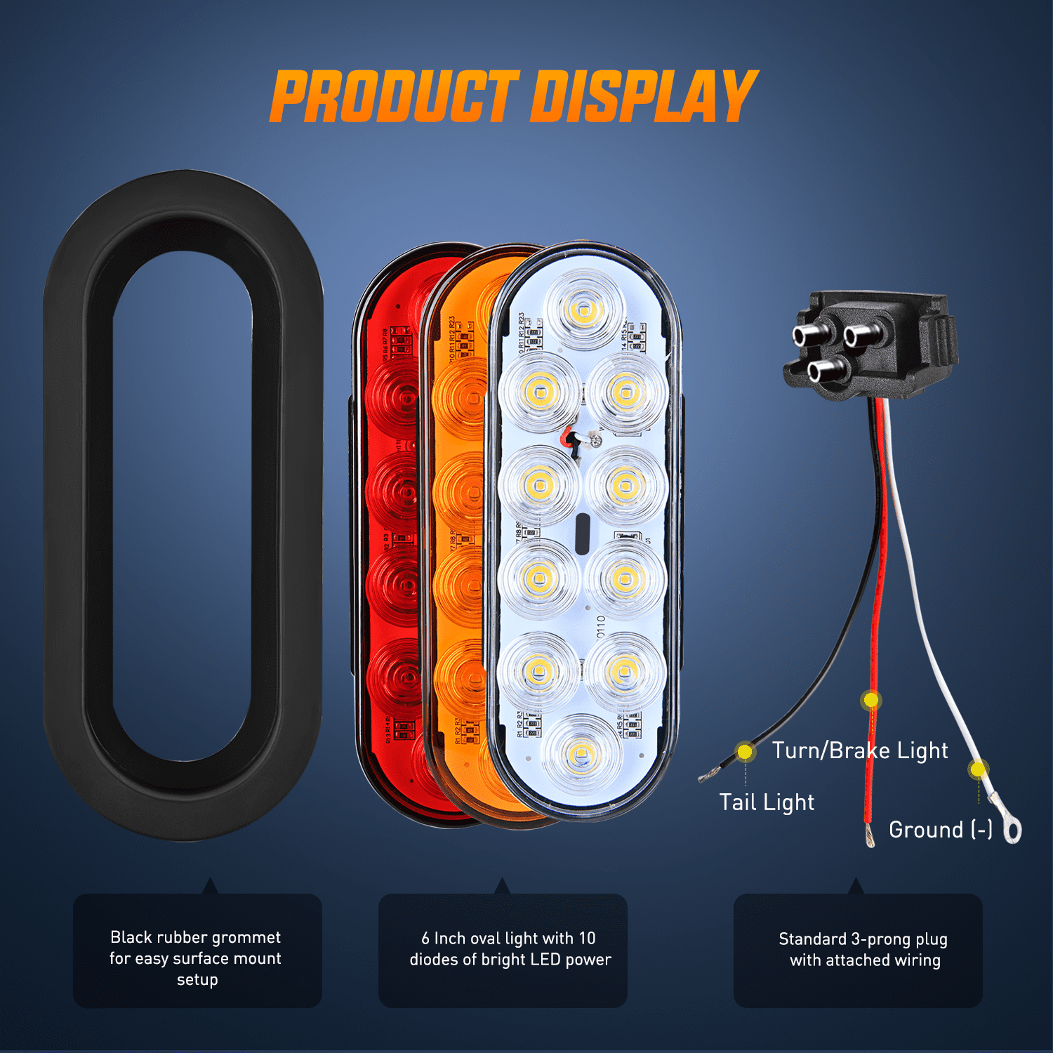 Nilight 6Inch Oval Trailer Tail Light 6PCS Red Amber White 10LED with Flush Mount Grommets Plugs IP67 Waterproof Brake Turn Signals Reverse Lights for RV Truck Trailer, 2 Years Warranty
