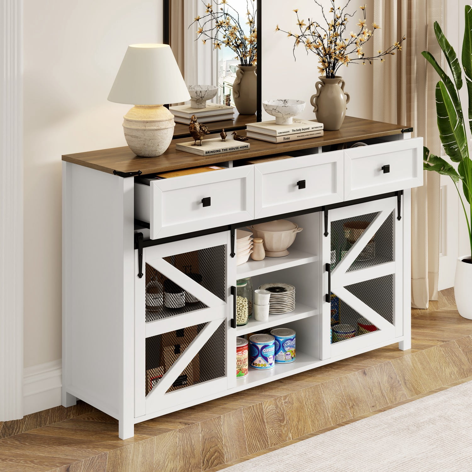 55" Modern Storage Sideboard Buffet Cabinet, 4-Door Credenza with Adjustable Shelves, Open Shelf & Dual Hooks for Living Room Dining Hallway Office, White