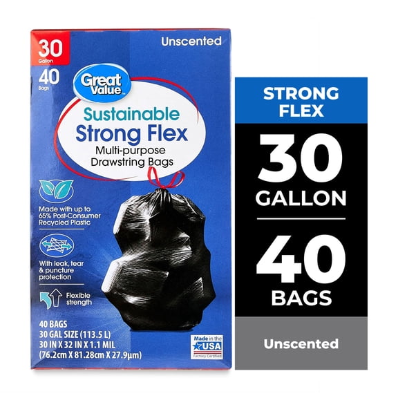Great Value Sustainable Strong Flex Multi-Purpose Drawstring Bags, 30 Gallon, 40 Count