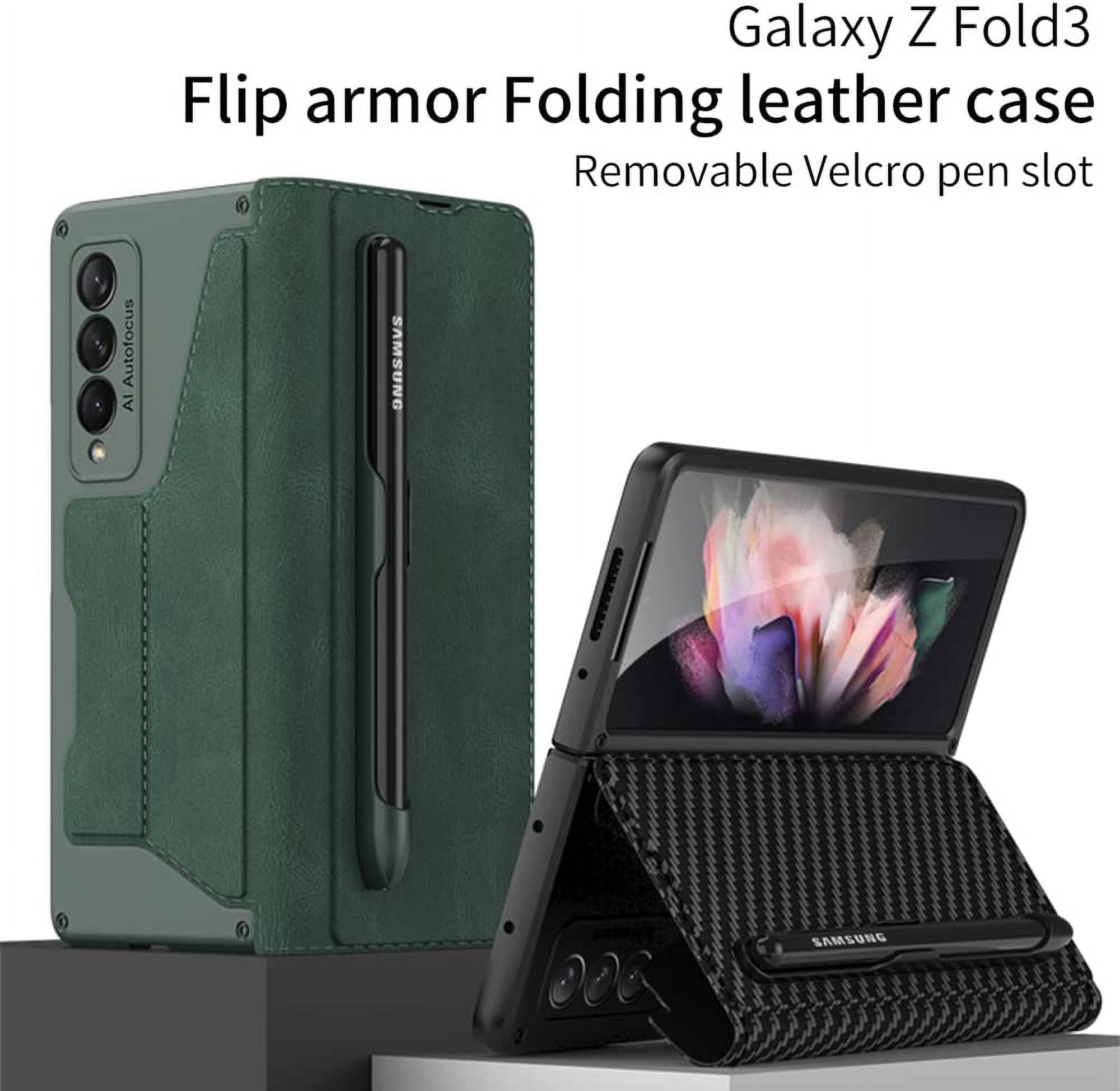 for Samsung Galaxy Z Fold 3 Case, Flip Wallet Card Slots, Removable S-Pen Holder Bracket Slot Stand Retro PU Leather Z Fold 3 Phone Case,Durable for Galaxy Z Fold 3 5G Case (Black,Samsung Z Fold3)
