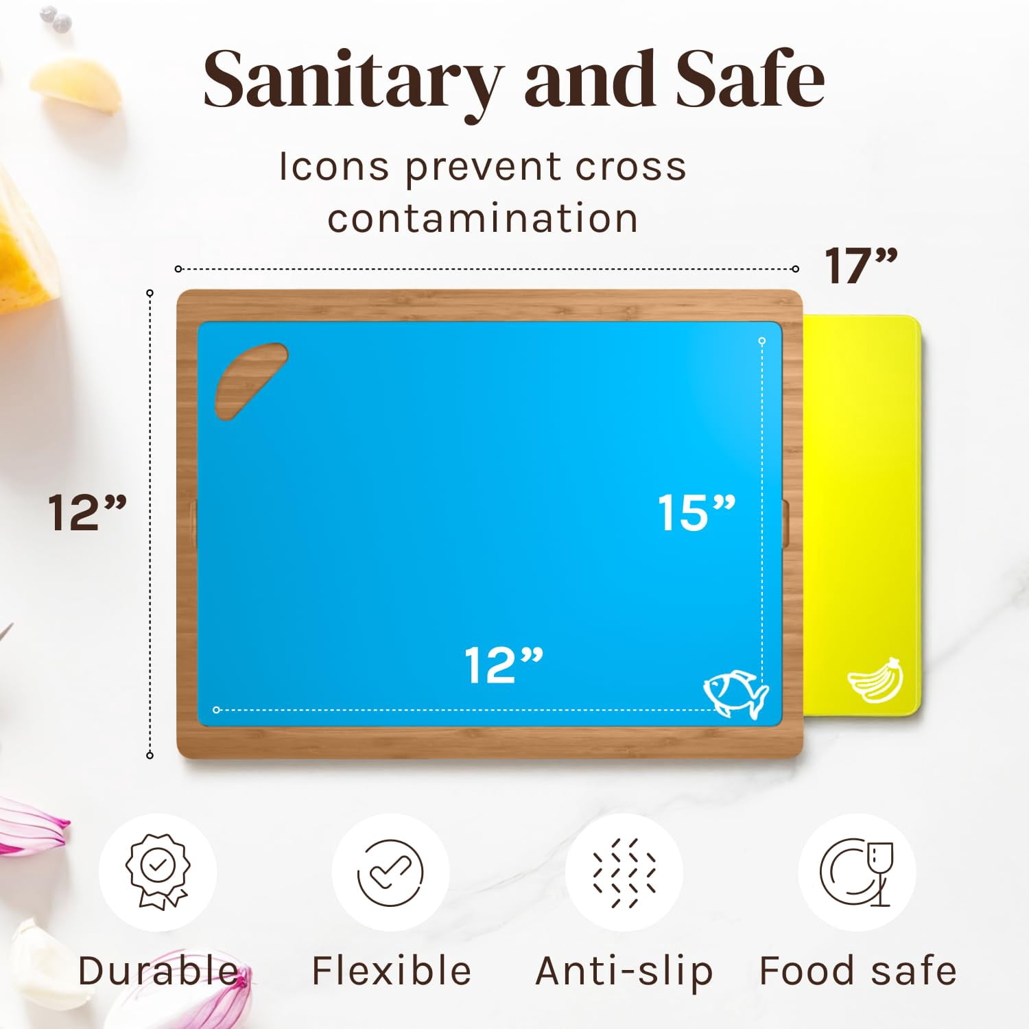 Easy-to-Clean Bamboo Wood Cutting Board with set of 6 Color-Coded Flexible Cutting Mats with Food Icons