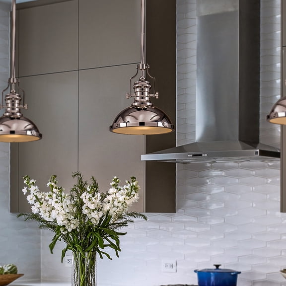 1-Light 13" Modern Industrial Polished Nickel Single Dome Pendant Light Fixture for Kitchen Island