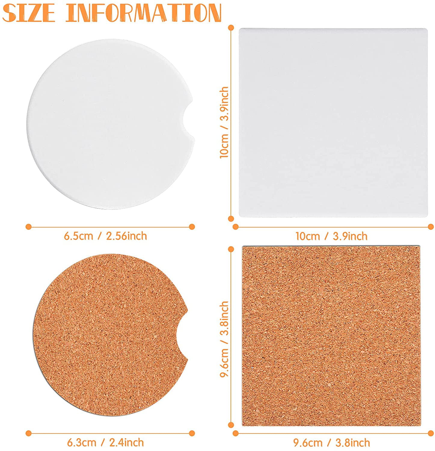 12 Pieces Ceramic Tiles for Crafts Coasters Include 2.6 Inch Round Unglazed White Tiles 4 Inch Square Ceramic Coasters Blank Car Coasters with 12 Cork Backing Pads for Ink or Acrylic Pouring 
