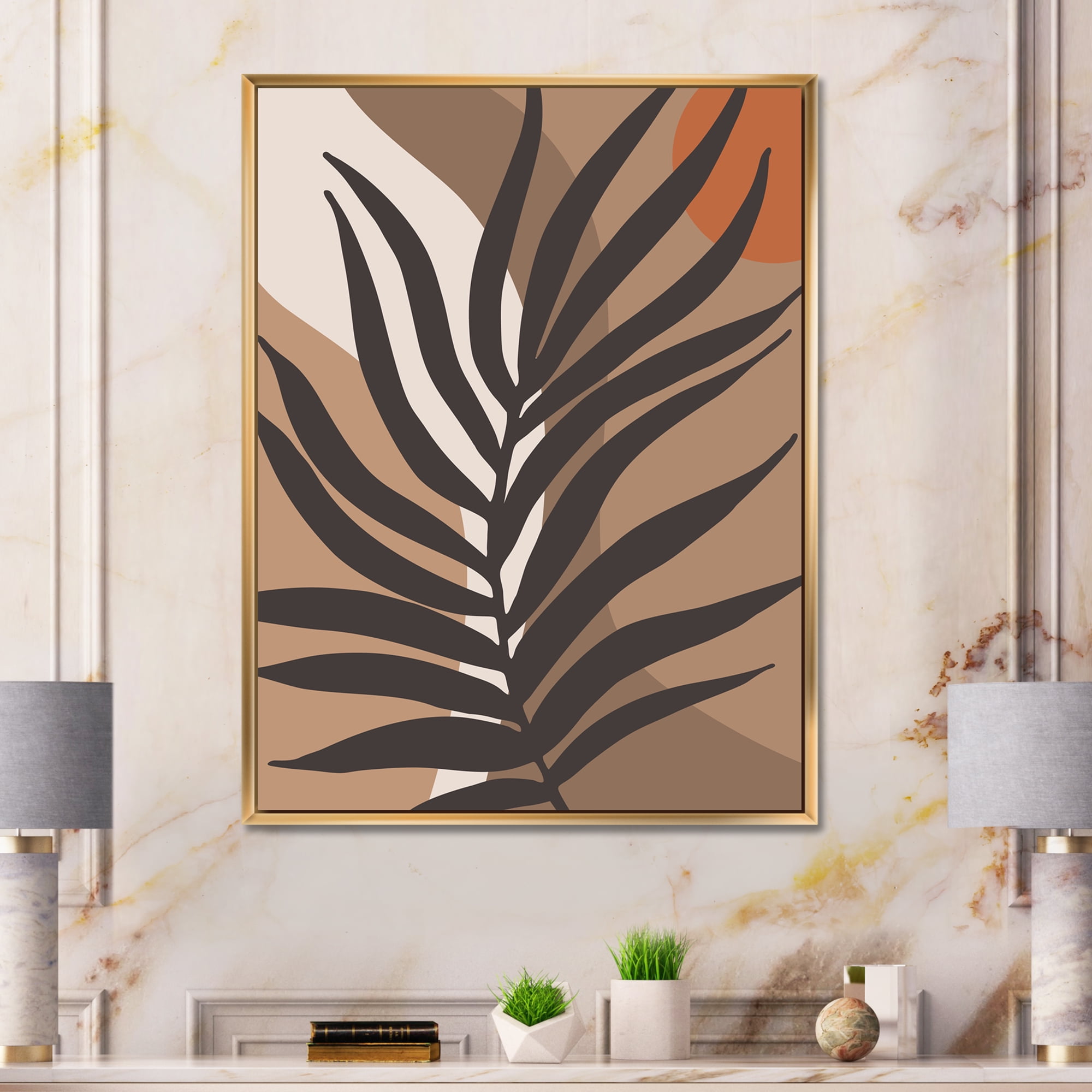 Designart 'Shapes and Tropical Leaf Silhouettes II' Modern Framed Canvas Wall Art Print