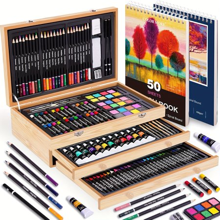 175pcs Deluxe Art Set With 2 Drawing Pads Crayons Acrylic Paints Colored Pencils Set In Wooden Case Professional Art Kit Paint Supplies Gift Christmas & Halloween Back To School