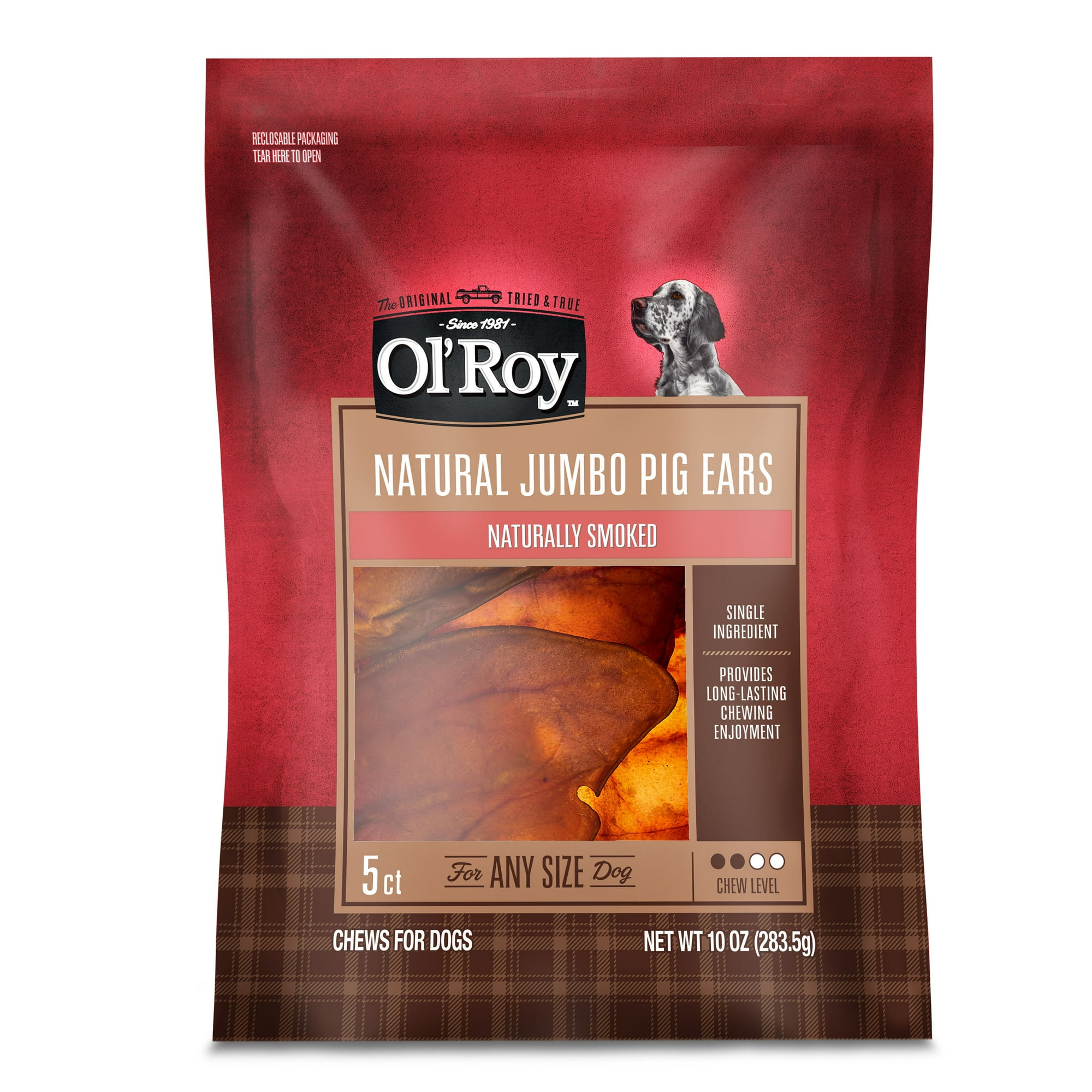 Ol' Roy Smoked Jumbo Pig Ear Chews for Dogs, 10 oz, 5 Count