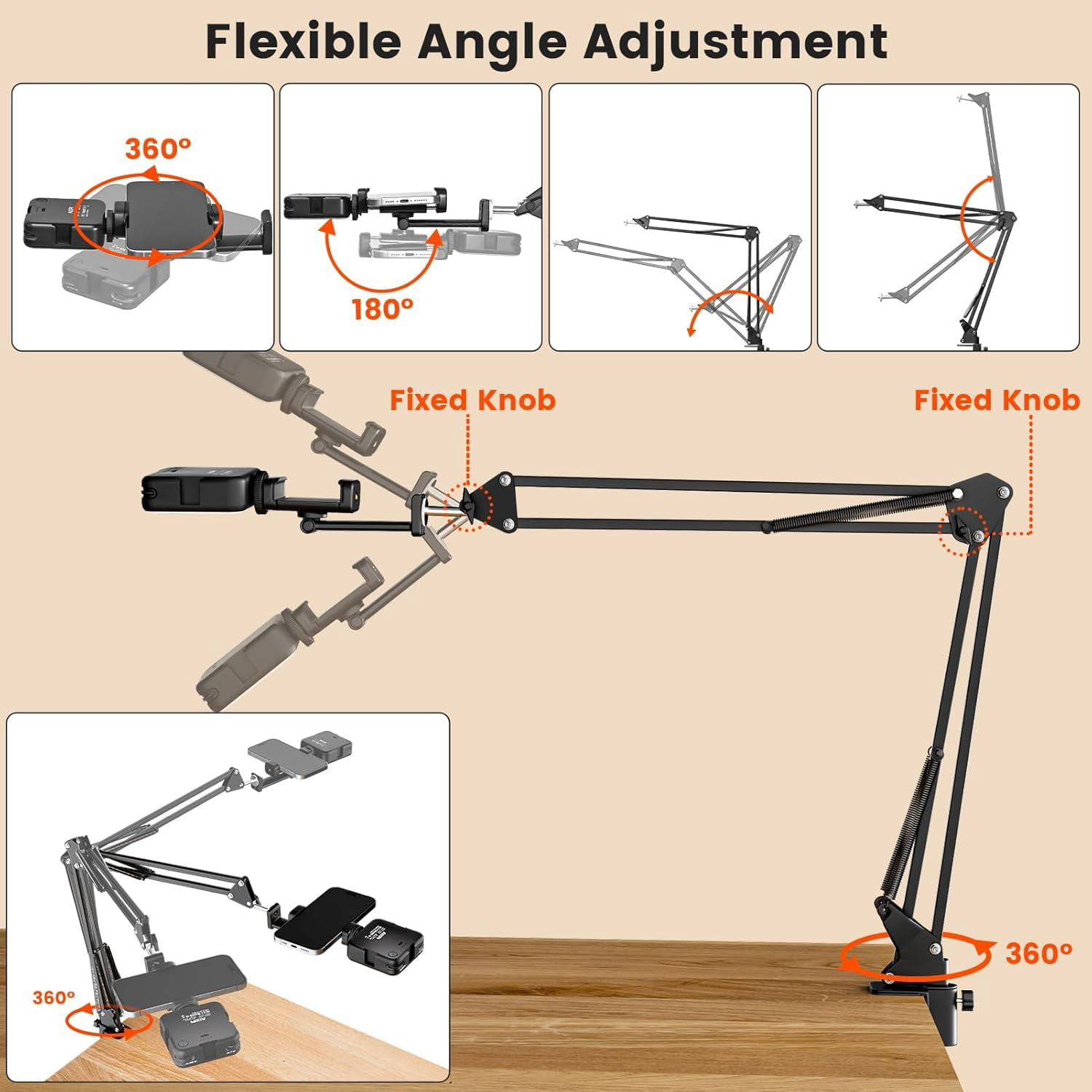 Overhead Phone Mount with LED Selfie Light and Bluetooth Remote, Rechargeable Ring Light Tripod Stand with Flexible Boom Arm, Desk Phone Holder for Video Recording, Live Streaming, TikTok,