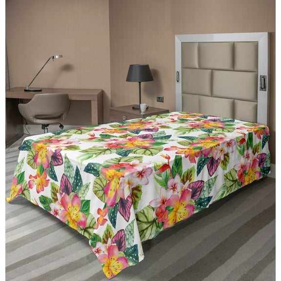 Ambesonne Floral Flat Sheet, Hawaiian Leaves and Flowers, Twin Size, Multicolor