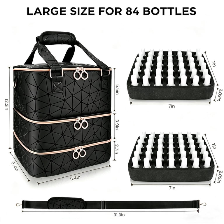 Tijity Large Nail Polish Organizer Bag Holds 84 Bottles Nail Polish and a Nail Lamp, PU Leather Nail Kit Storage Carrying Case, Removable Portable