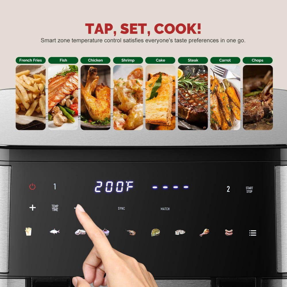 MIRASTON 10QT Digital Dual Basket Air Fryer, 1800W Stainless Steel Kitchen Cooker for Family Meals