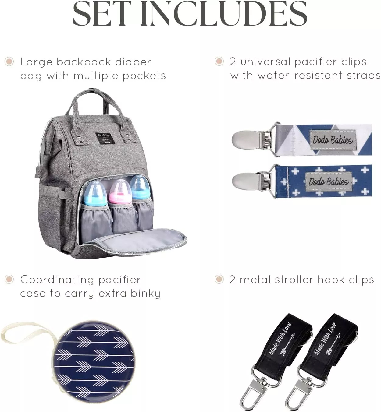 Dodo Babies Backpack Style Baby Diaper Bag + Accessories in Grey for Moms/Dads
