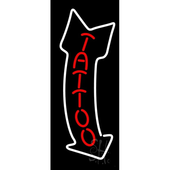 Red Tattoo With Arrow LED Neon Sign 13" Tall x 32" Wide - inches Black Square Cut Acrylic Backing, with Dimmer - Premium built indoor Sign for Storefront, Store interior, Workshop, Studio.