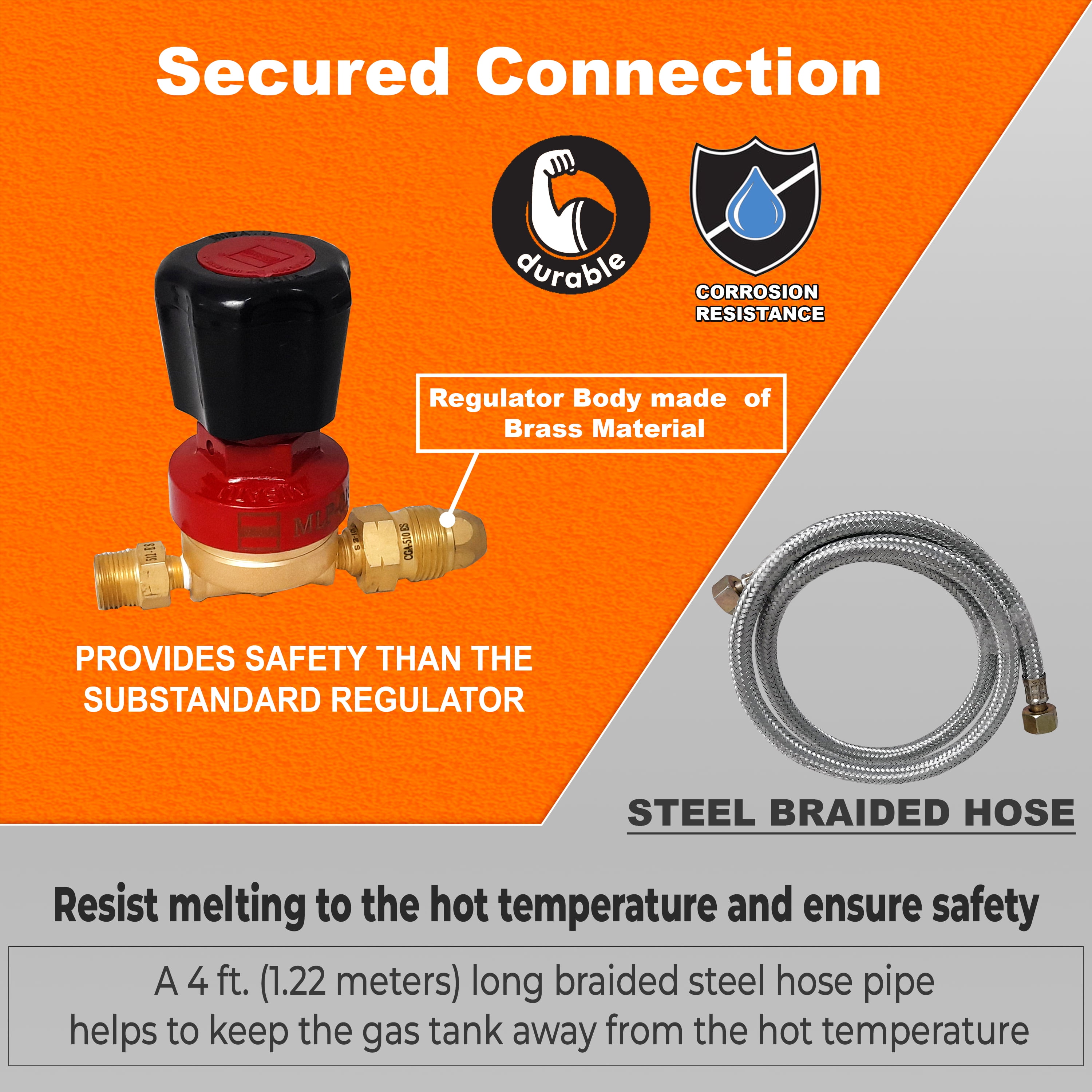 FEBTECH - Single Burner Propane Forge Kit, Burner with Steel Braided Hose and 0-21 PSI Regulator Gas Line Connectors